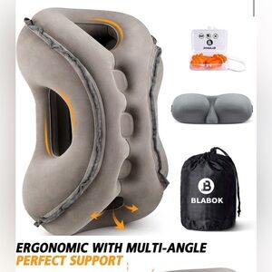 NIP Blabok Inflatable Travel Set Pillow Grey Storage Bag Eye Mask Ear Plugs NEW!